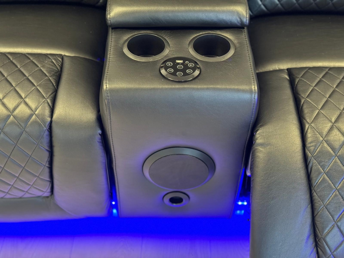 Cinema sofa 3&2 black faux leather recliners with led , wireless charging , usb port , reading light ,cup holders