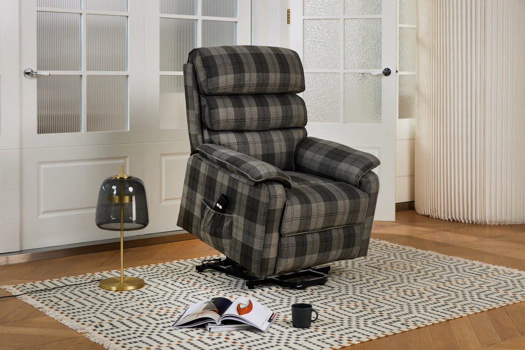 Electric Recliner Lift And Tilt High Riser Armchair, Grey Tartan - Available to view Howgate Shopping Centre - Falkirk