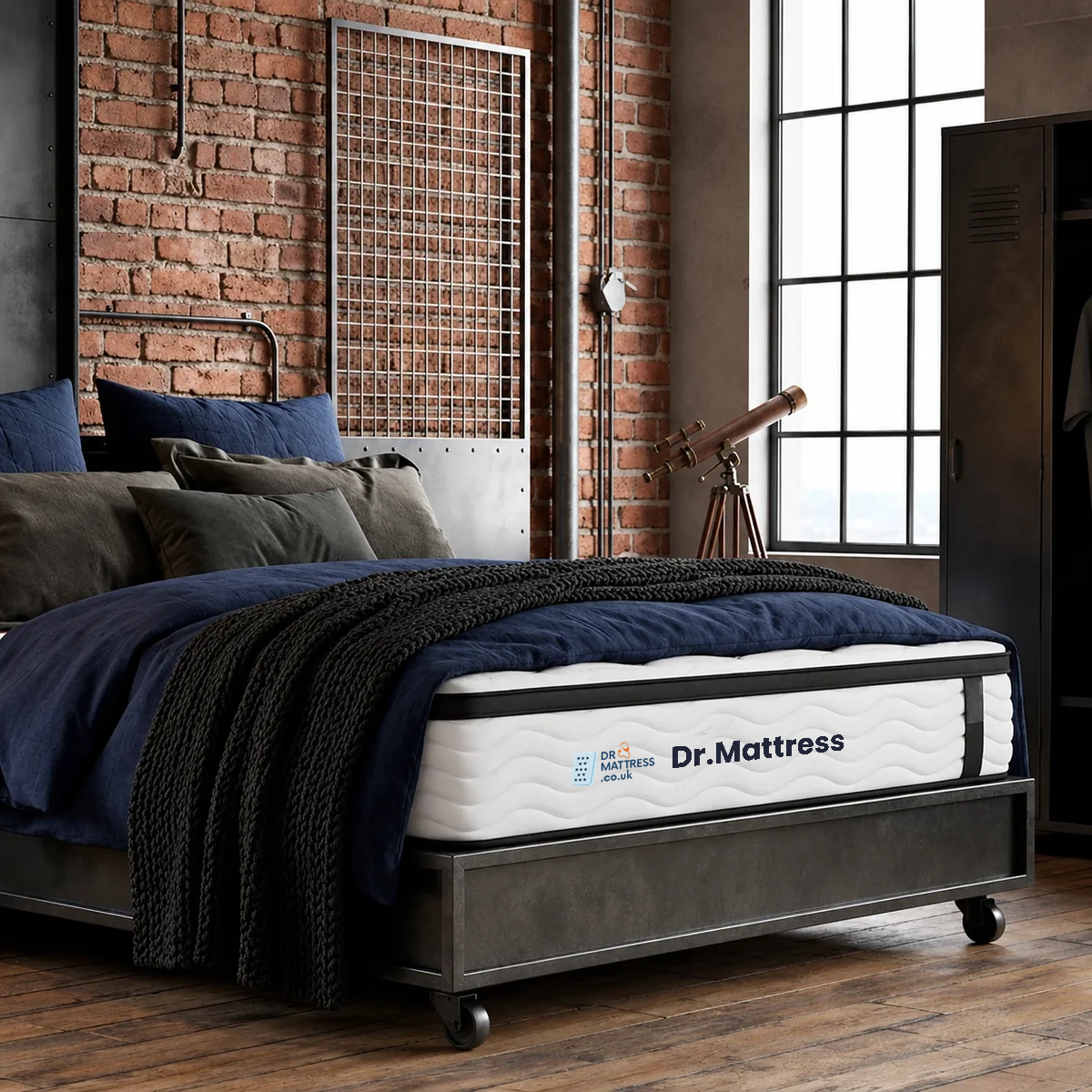 A Dr. Mattress spring mattress on a dark metal bed frame, styled in a loft-style bedroom with a brick wall, window, and telescope.