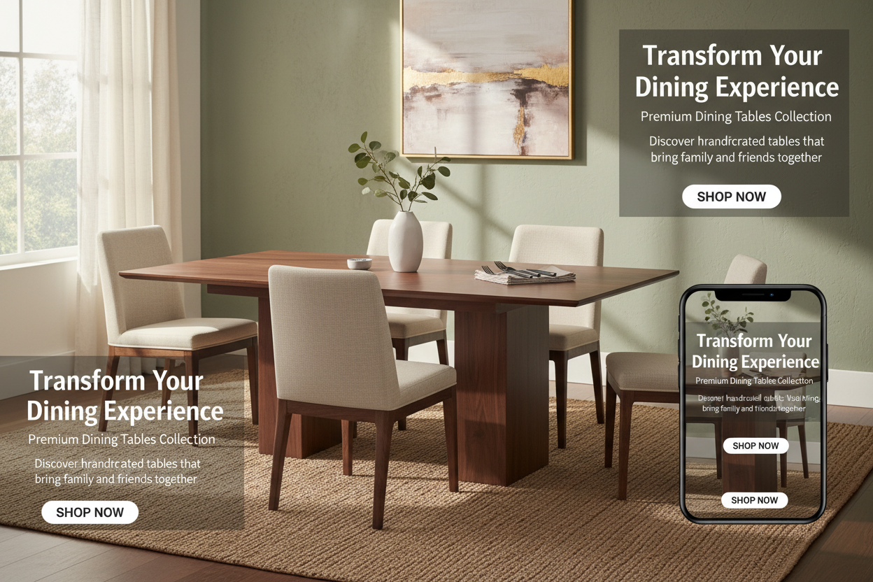 I want to generate a dinning table banner that is mobile and desktop friendly. Please generate me a nice professional banner with a nice title, subheading, description, and a shop now button.Kindly keep this picture full size.