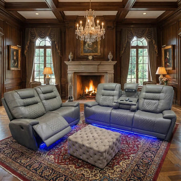 Halifax Leather Electric Recliner Sofa Set With Cupholders - 3+2 Seater Sofa - LED Lights - Wireless Charging - USB Charging Ports (Grey, Black & Brown 3+2 Seater)
