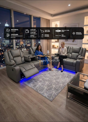 Electric Recliners 3+2 Seater Leather Sofa (Black, Grey, Brown & Moche) /LED LIGHTS/WIRELESS CHARGER