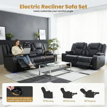 Electric Recliners 3+2 Seater Leather Sofa (Black, Grey, Brown & Moche) /LED LIGHTS/WIRELESS CHARGER