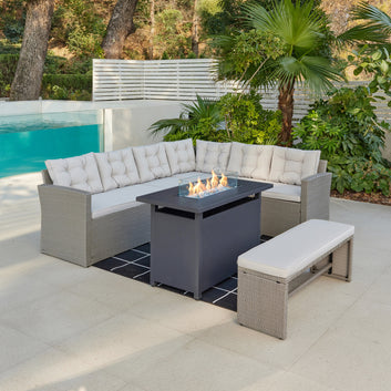 Madeira Corner Garden Rattan Sofa Set with Fire Pit Table, Grey