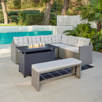 Madeira Corner Garden Rattan Sofa Set with Fire Pit Table, Grey
