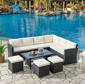 Kos Garden Corner Rattan Sofa Dining Set, Black