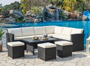 Kos Garden Corner Rattan Sofa Dining Set, Black