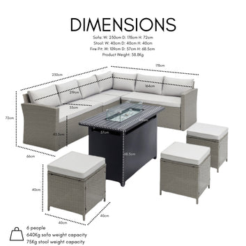 Kos Corner Garden Rattan Sofa Set with Fire Pit Table, Grey