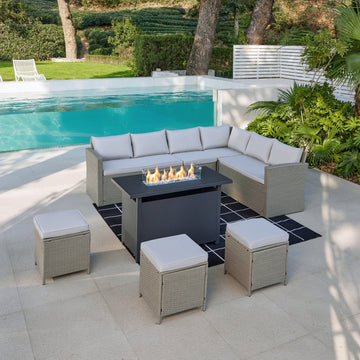 Kos Corner Garden Rattan Sofa Set with Fire Pit Table, Grey