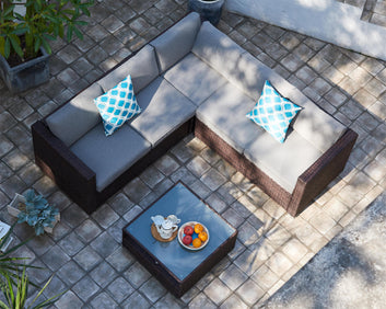 Medina Corner Rattan Sofa Garden Set, Brown with Grey Cushions