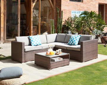 Medina Corner Rattan Sofa Garden Set, Brown with Grey Cushions