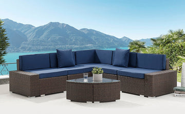 Mijas Corner Rattan Sofa Set, Brown with Blue Cushions