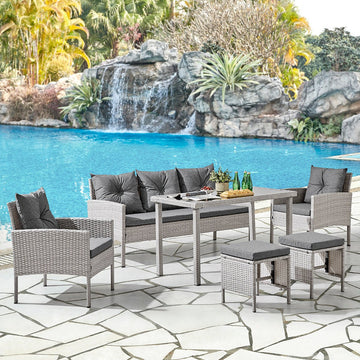 Roma Garden Dining Set with Footstools, Grey