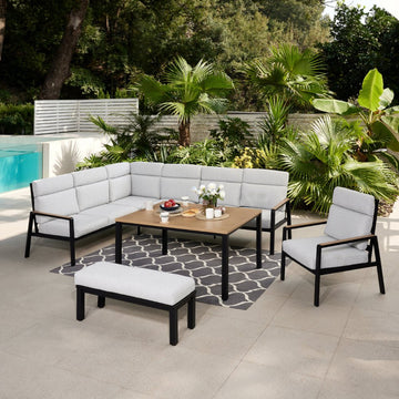 Aruba Corner Garden Sofa with Chair and Bench, Black with Grey Cushions