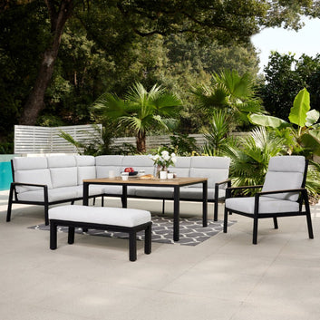 Aruba Corner Garden Sofa with Chair and Bench, Black with Grey Cushions
