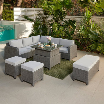 Hadley 5 Seater L-Shape Garden Sofa with Rising Table, Stools & Bench, Grey