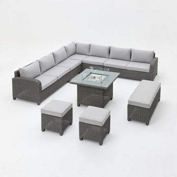 Hadley 7 Seater L-Shape Garden Sofa with Fire Pit Table, Stools & Bench, Grey