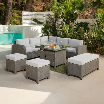 Hadley 5 Seater L-Shape Garden Sofa with Fire Pit Table, Stools & Bench, Grey