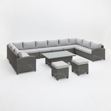 Hadley 10 Seater U-Shape Garden Sofa with Rising Table & Stools, Grey