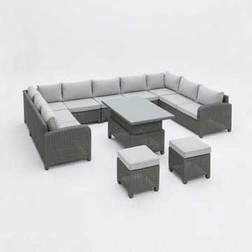 Hadley 9 Seater U-Shape Garden Sofa with Rising Table & Stools, Grey