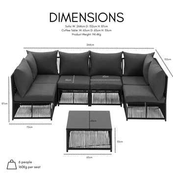 Tobago 6 Seat Modular Rope Garden Furniture Set, Charcoal