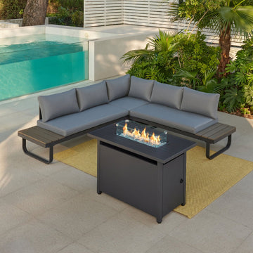 Skyros Aluminium Corner Garden Sofa with Firepit, Grey