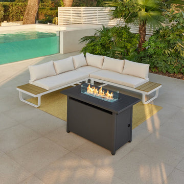 Skyros Aluminium Corner Garden Sofa with Firepit, White