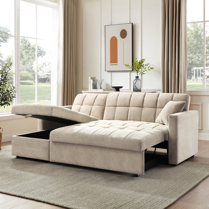 Candle Pull-Out Sofa Bed With Reversible Storage Chaise, Beige Linen