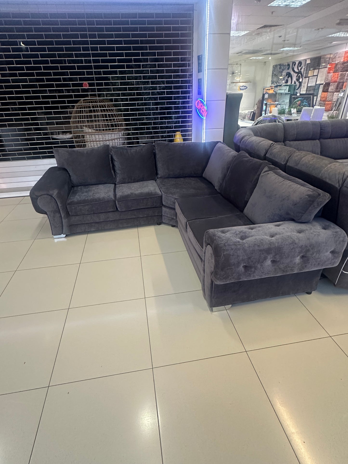X showroom display dark grey plush sofa suite (only available for local delivery please call before order to confirm stock availability)