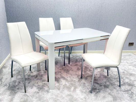 Morano Dining Set White with 4 White Carlo Chairs