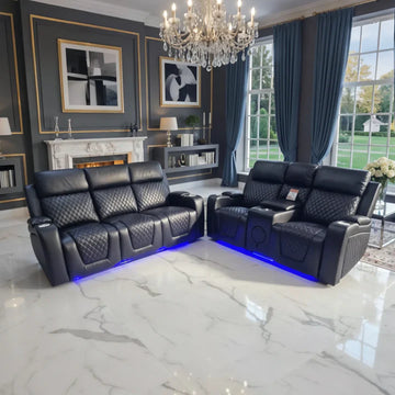 Cinema sofa  3&2 black faux leather recliners with led , wireless charging , usb port , reading light ,cup holders