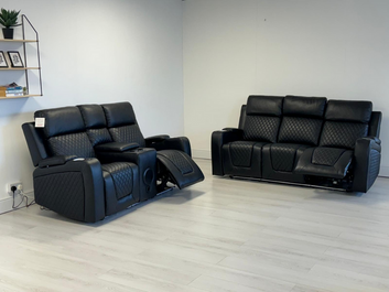 Cinema sofa  3&2 black faux leather recliners with led , wireless charging , usb port , reading light ,cup holders
