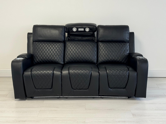 Cinema sofa  3&2 black faux leather recliners with led , wireless charging , usb port , reading light ,cup holders