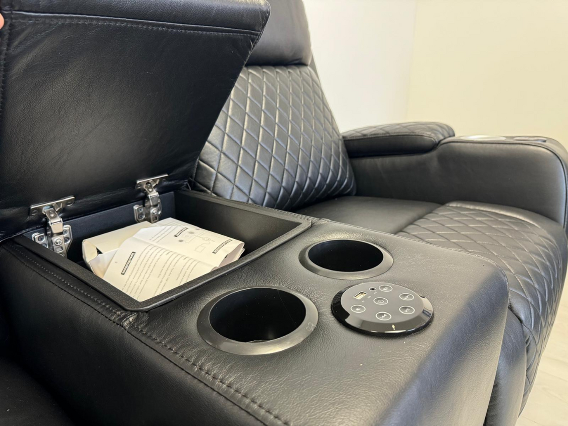 Cinema sofa  3&2 black faux leather recliners with led , wireless charging , usb port , reading light ,cup holders