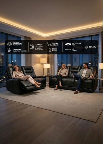 Halifax Leather Electric Recliner Sofa Set With Cupholders - 3+2 Seater Sofa - LED Lights - Wireless Charging - USB Charging Ports (Grey, Black & Brown 3+2 Seater)