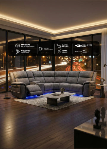 Hannah Fabric Electric Recliner Corner Sofa Grey-LED LIGHTS/USB PORTS/CUPHOLDERS