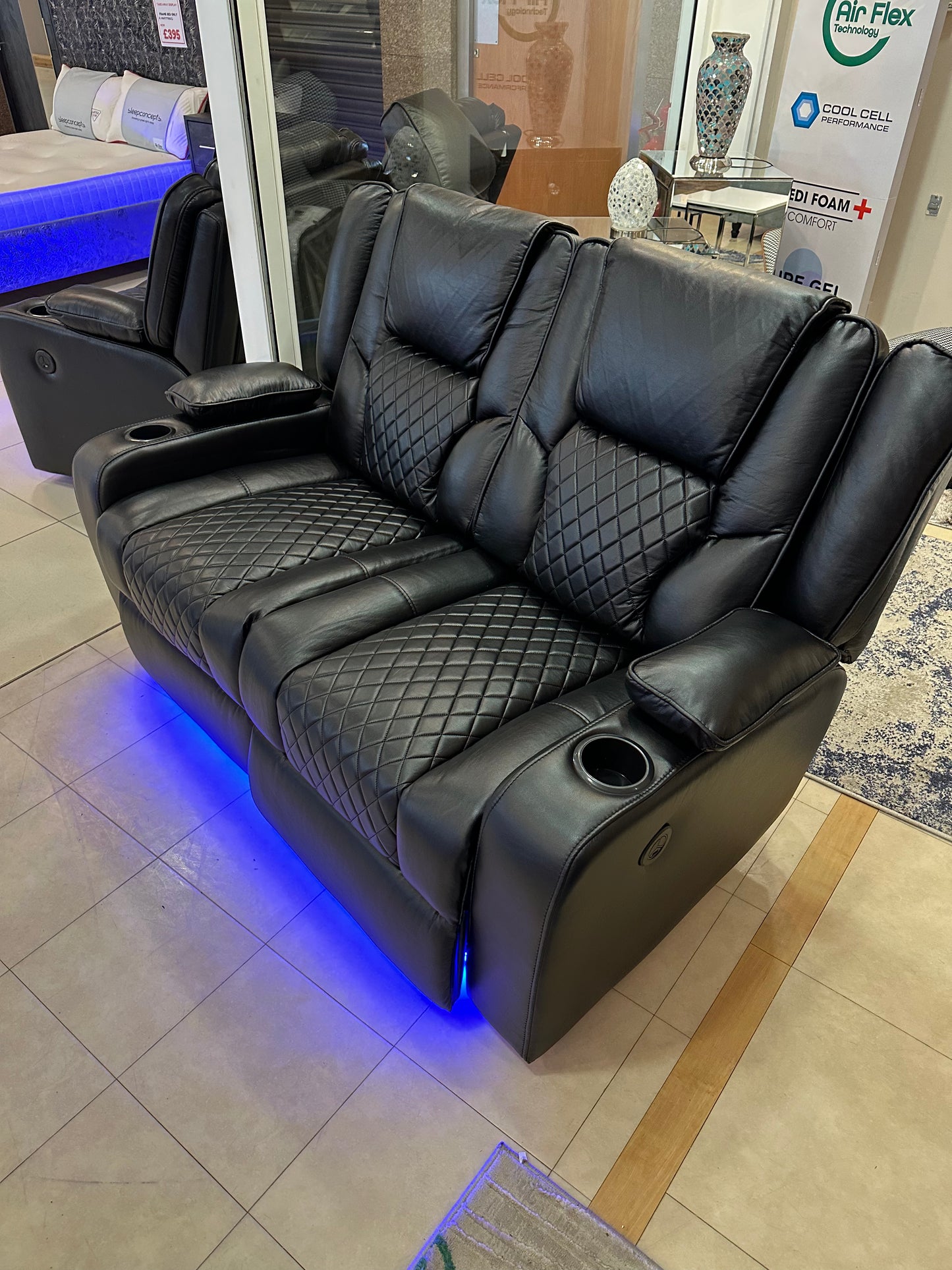 Cinema sofa  3&2 black faux leather recliners with led , wireless charging , usb port , reading light ,cup holders