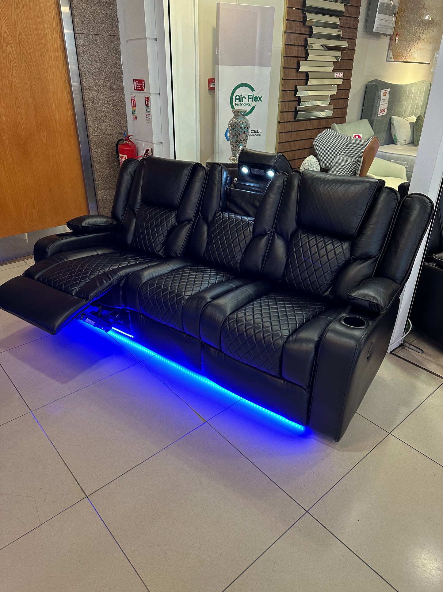 Cinema sofa  3&2 black faux leather recliners with led , wireless charging , usb port , reading light ,cup holders