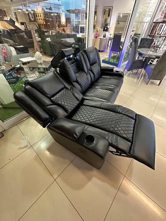 Cinema sofa  3&2 black faux leather recliners with led , wireless charging , usb port , reading light ,cup holders