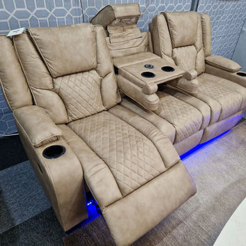 Grey Cinema sofa 3&2 faux leather recliners with led , wireless charging , usb port , reading light ,cup holders