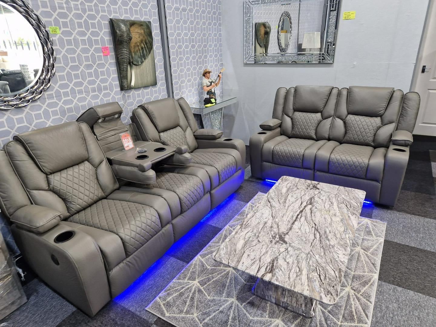 Grey Cinema sofa 3&2 faux leather recliners with led , wireless charging , usb port , reading light ,cup holders