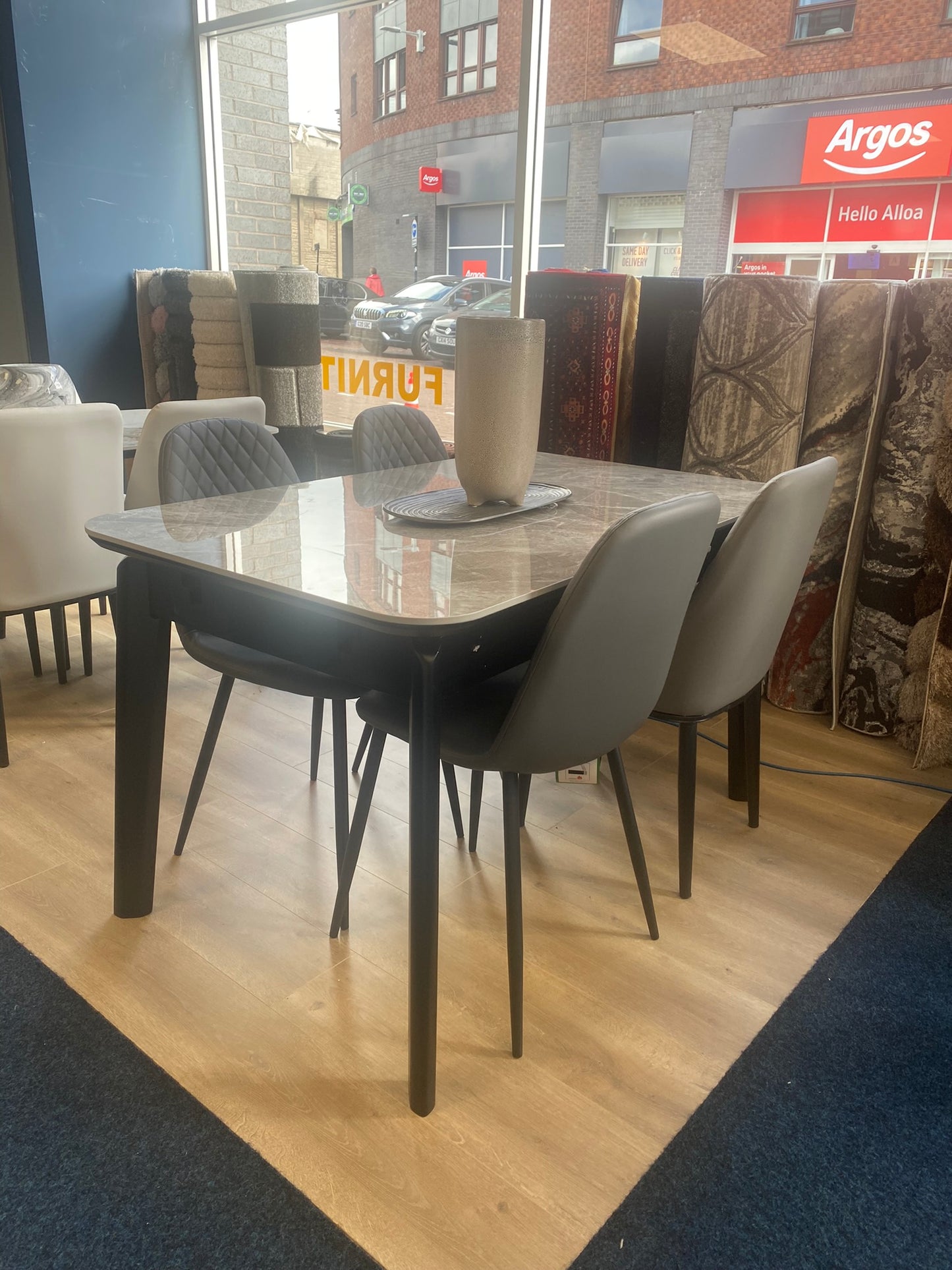 Extendable Marble Dining Set with 4 Grey Chairs