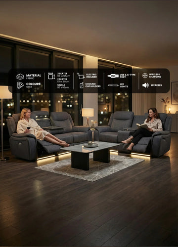 Prada Music Electric Recliners. Grey 3 + 2 Sofa Set , USB, LED, Bluetooth