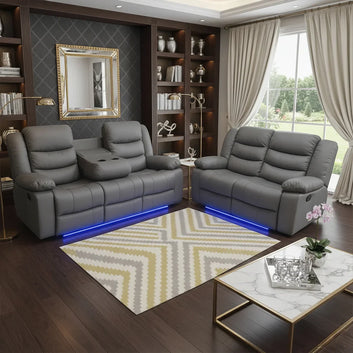 Roma Leather Recliner Sofa 3+2-Seater With USB/LED/Cup Holder Black/Grey