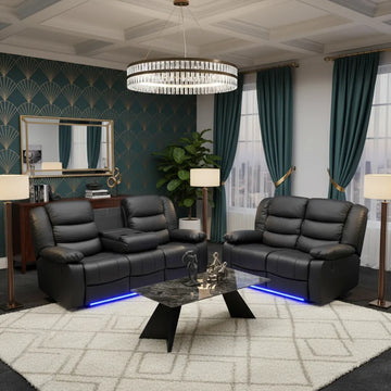 Roma Leather Recliner Sofa 3+2-Seater With USB/LED/Cup Holder Black/Grey