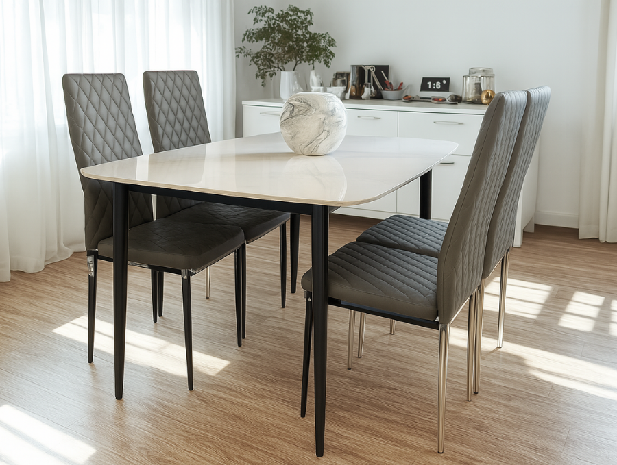 Gloss Marble-Effect Dining Table with 4 Quilted Chairs