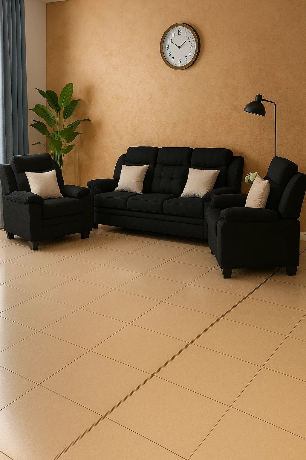 Premium 3+2+1 Black Fabric Sofa Set