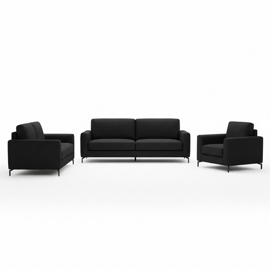 Create a ultra-realistic 4K product image of a [3+2+1 Black Fabric Sofa SetT ].
The product should be centered, photographed in a professional studio setup.
Pure white background (#FFFFFF).
No text, no logos, no watermarks, no buttons, no people.
Soft natural lighting with realistic shadows.
High detail, sharp focus, premium ecommerce photography style.
Clean, minimal, modern look.
Square format, 1:1 aspect ratio.
Resolution 4096 × 4096 pixels.