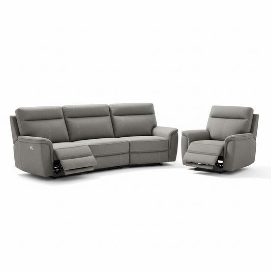 Create a ultra-realistic 4K product image of a 3&2&1 seater grey sofa recliners].
The product should be centered, photographed in a professional studio setup.
Pure white background (#FFFFFF).
No text, no logos, no watermarks, no buttons, no people.
Soft natural lighting with realistic shadows.
High detail, sharp focus, premium ecommerce photography style.
Clean, minimal, modern look.
Square format, 1:1 aspect ratio.
Resolution 4096 × 4096 pixels.
