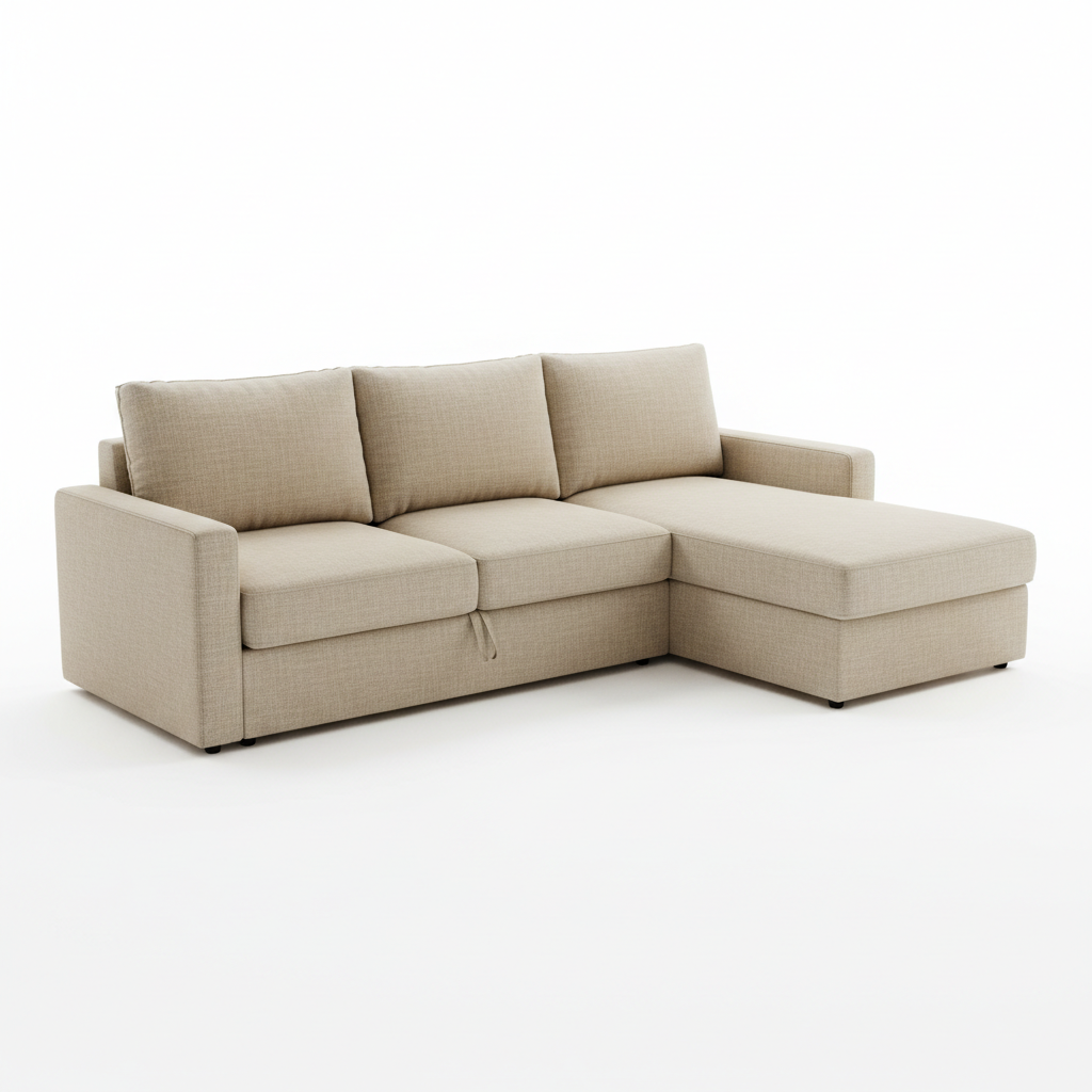 Create a ultra-realistic 4K product image of a [Candle Pull-Out Sofa Bed With Reversible Storage Chaise, Beige Linen

].
The product should be centered, photographed in a professional studio setup.
Pure white background (#FFFFFF).
No text, no logos, no watermarks, no buttons, no people.
Soft natural lighting with realistic shadows.
High detail, sharp focus, premium ecommerce photography style.
Clean, minimal, modern look.
Square format, 1:1 aspect ratio.
Resolution 4096 × 4096 pixels.
